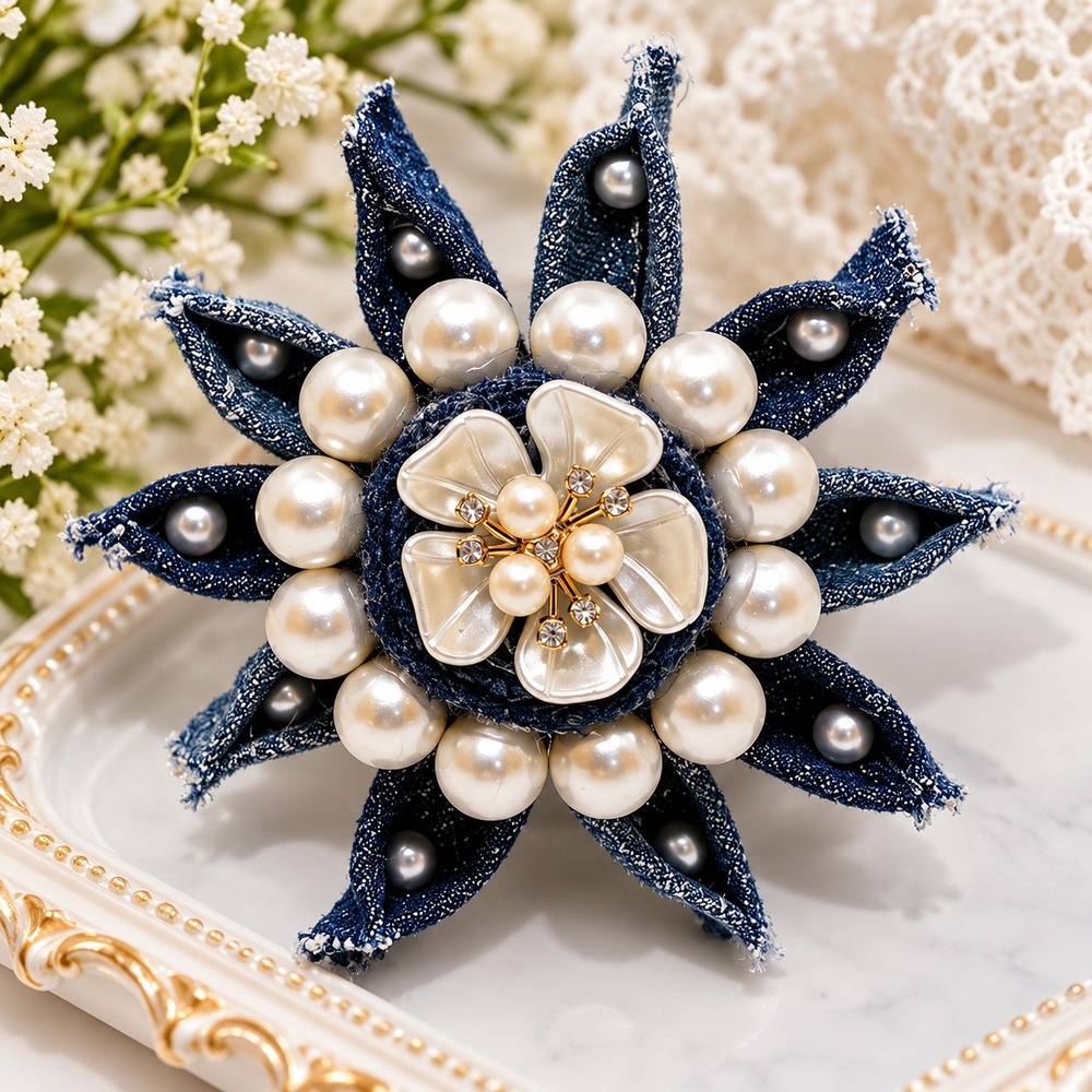Handmade Denim Flower Magnet Pearl Rhinestone Starburst Pin 11